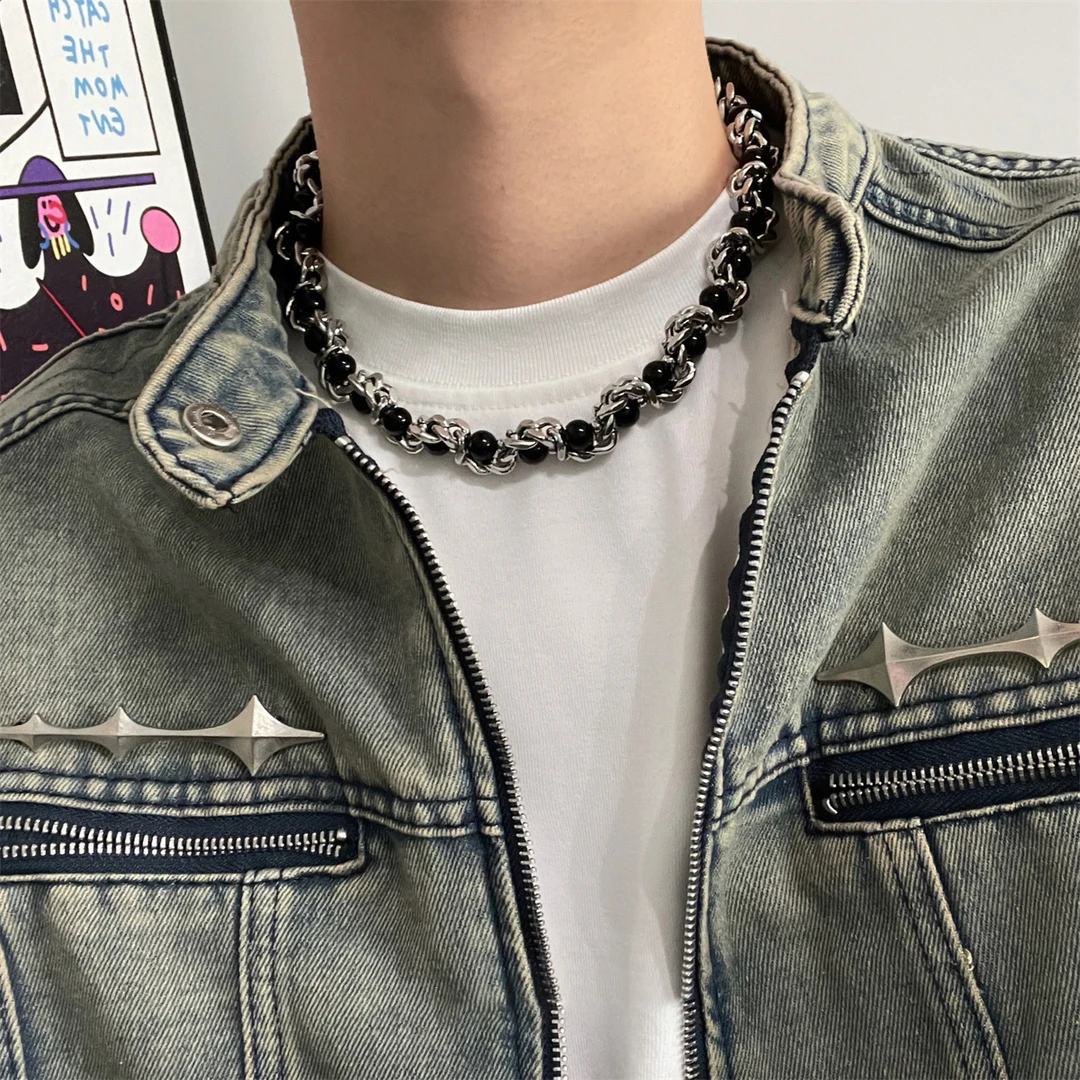 钛钢仿珍珠项链 粗款重工缠绕男颈链小众设计锁骨链女叠戴毛衣链