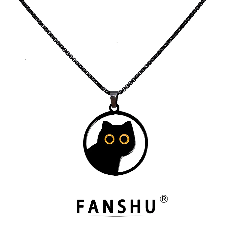 钛钢项链 呆萌卡通黑猫吊坠可爱创意情侣挂坠学生蹲蹲猫项链男女