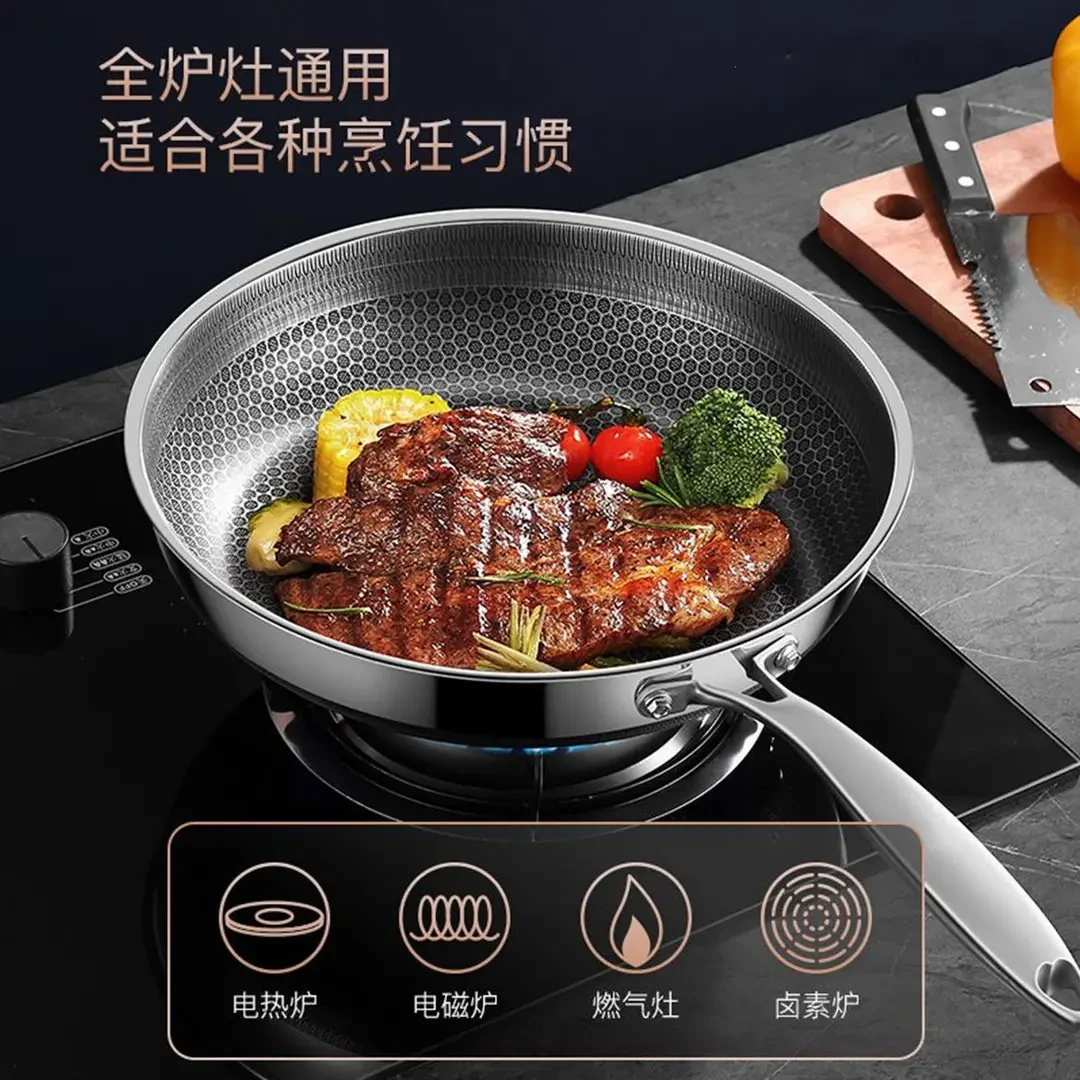 316不锈钢加厚煎锅双面蜂窝平底锅不粘锅无涂层煎蛋电磁炉燃气通