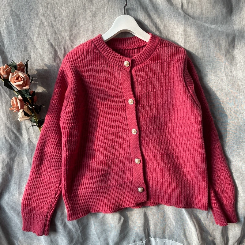 毛衣外套女秋冬长袖圆领珍珠扣针织衫洋气百搭上衣韩系宽松开衫潮