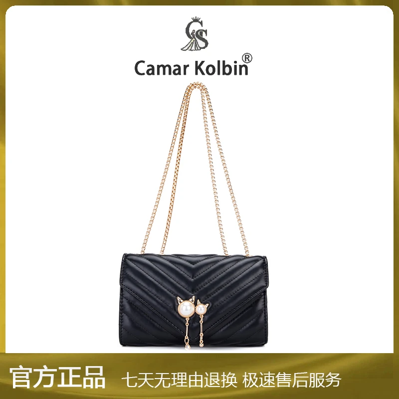 秋冬季新款时尚潮流百搭菱形格珍珠装饰链条单肩斜挎包h160黑