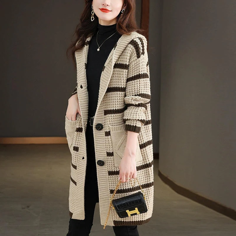 条纹针织开衫外套时尚秋冬新款中长款显瘦气质外搭宽松连帽毛衣女