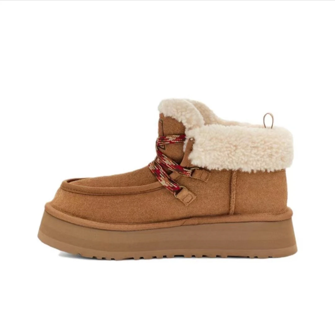 UGG Funkarra 芙卡拉 皮革 时尚圆头 厚底百搭加绒短靴女款 栗色