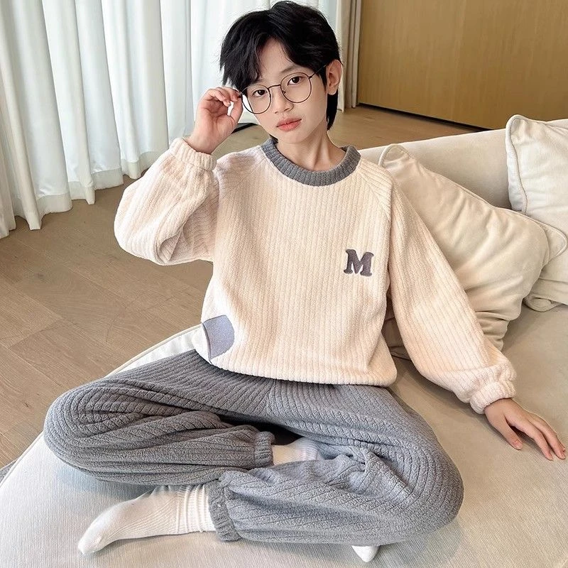 男女童家居服冬季珊瑚秋冬睡衣套装加绒中大童法兰绒儿童加厚中厚