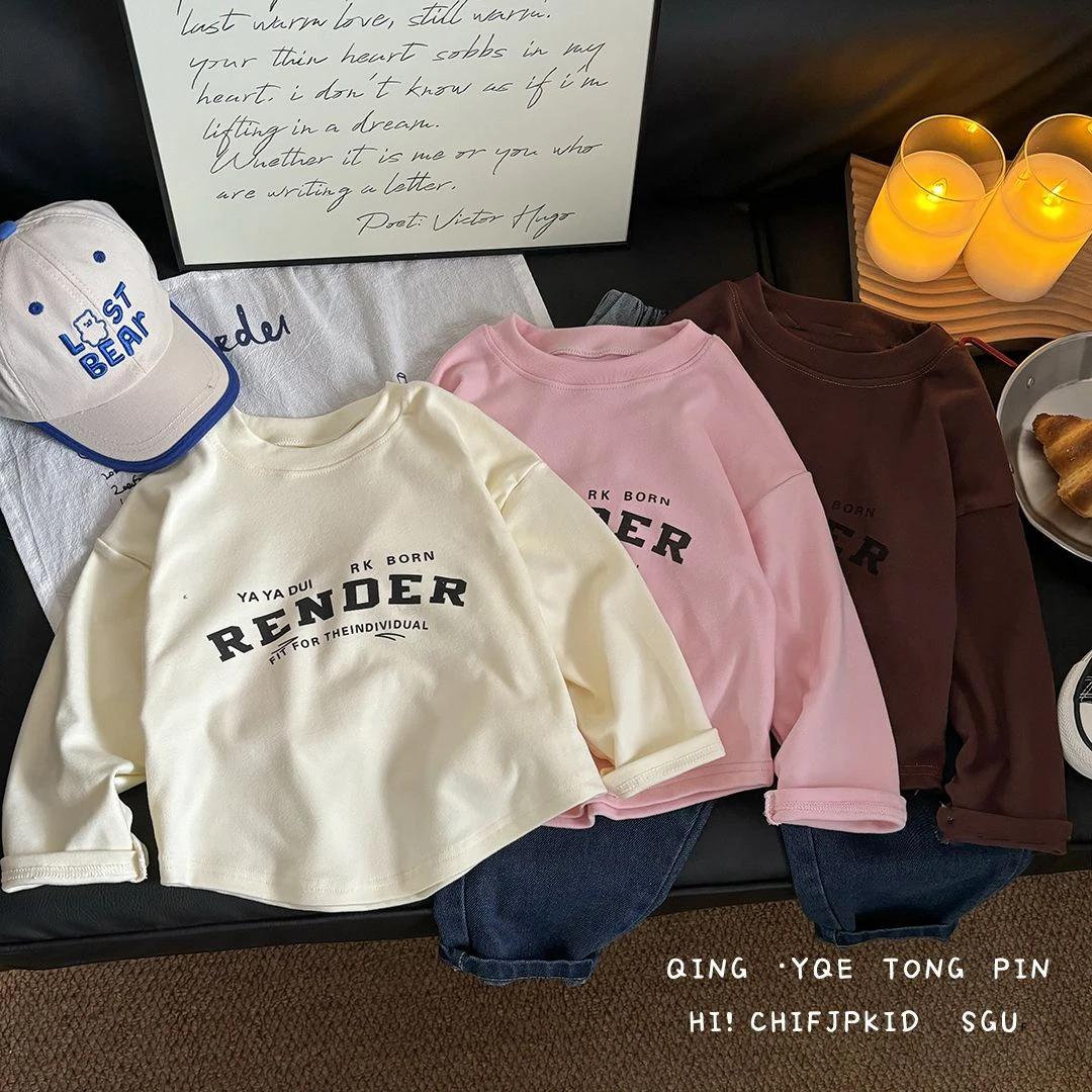 新款春秋宝宝2024儿童德容打底衫女童洋气休闲印花字母圆领单上衣