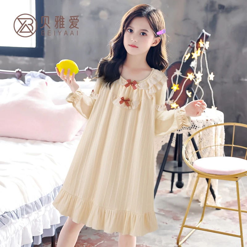女童日系复古可爱棉长袖蝴蝶结睡裙春秋季新款女孩可外穿家居服