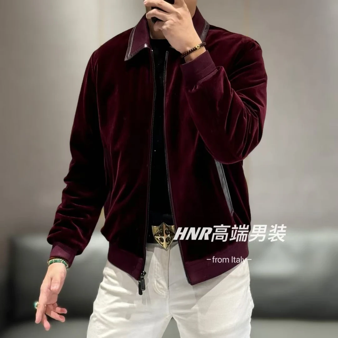 【绵羊皮拼接】丝绒质感纯色新款高端男士男士休闲鸭绒羽绒服7720