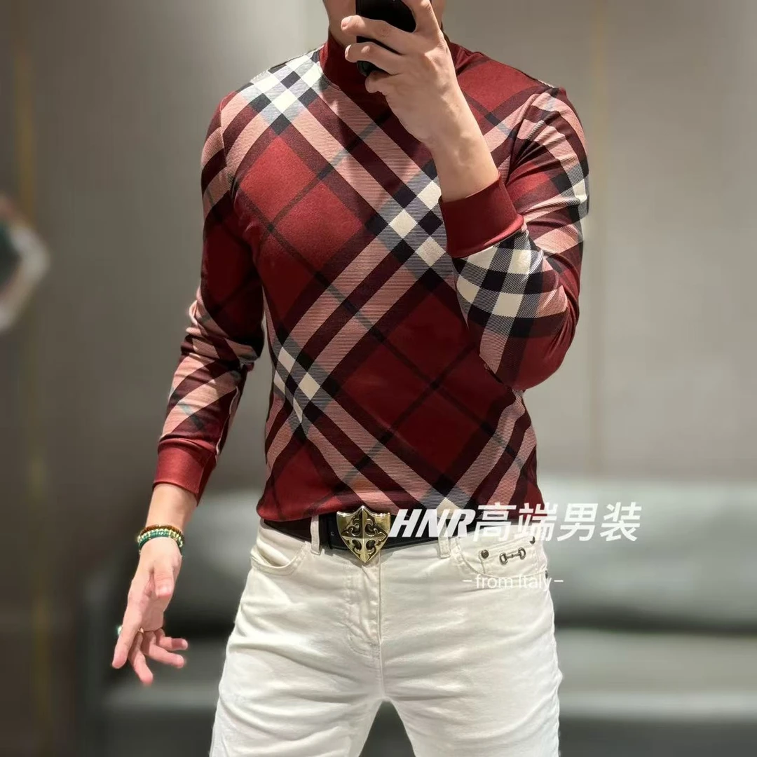 拼接撞色经典条纹秋冬新款男士休闲百搭打底长袖T恤7209