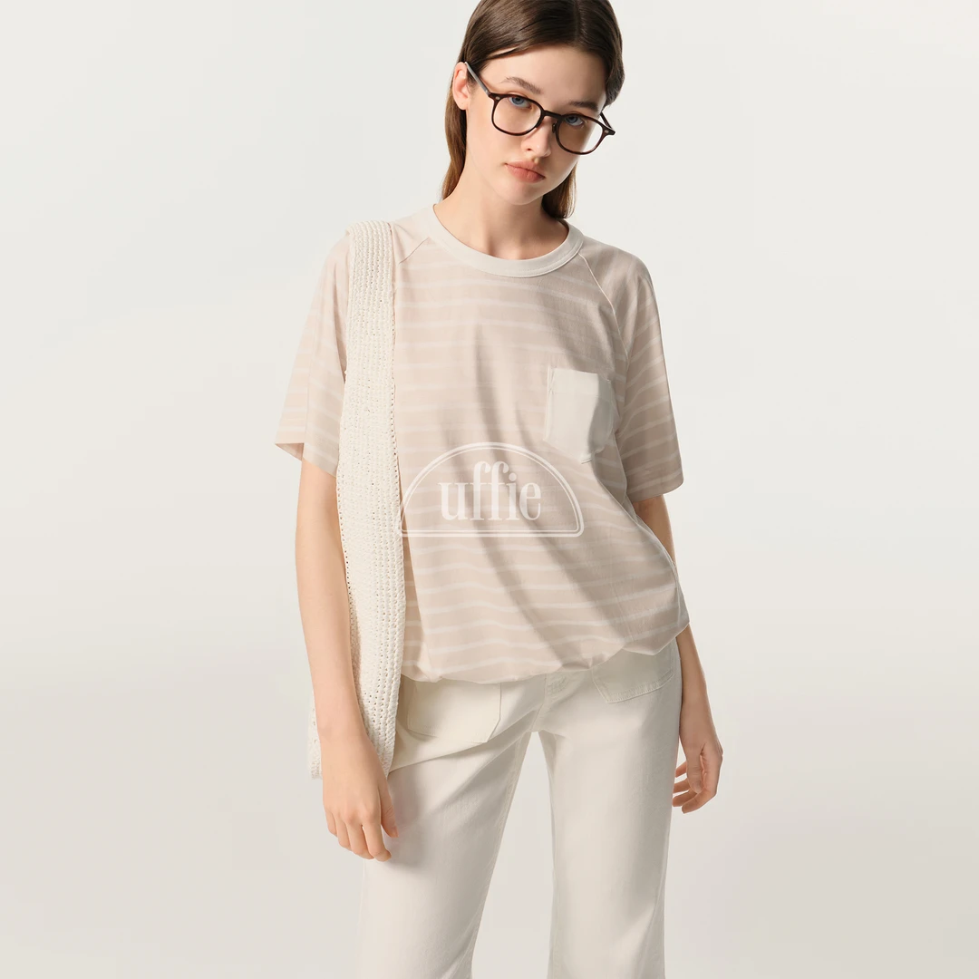 UFFIE 于绘 缎面拼接条纹T恤