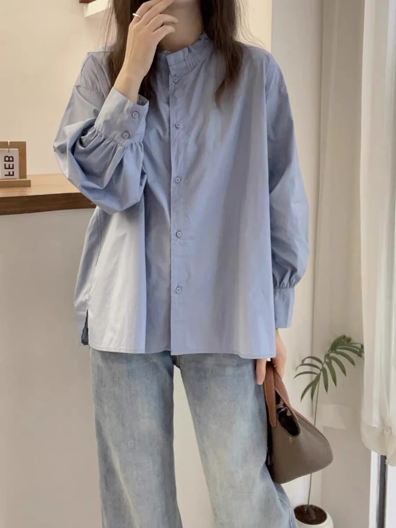 欧洲站2024春装装新款欧货圆领慵懒风长袖衬衫女春秋韩版大版衬衣