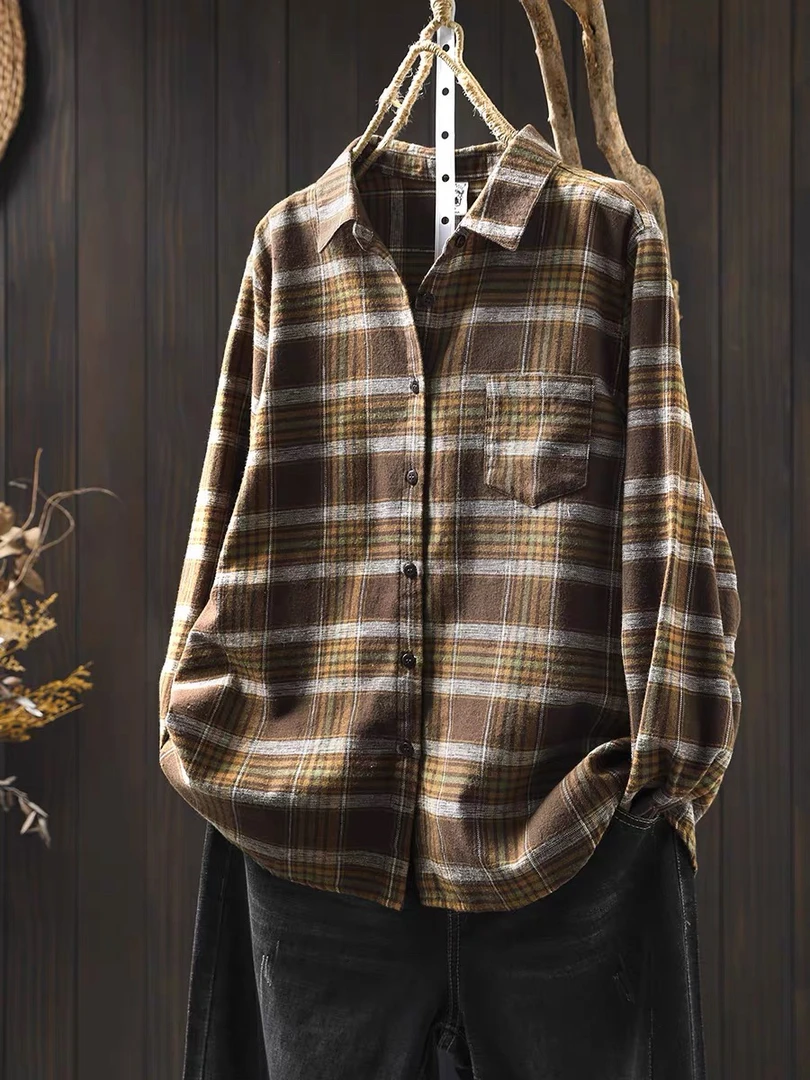 纯棉磨毛格子衬衫女长袖宽松显瘦春秋新款复古休闲气质打底衬衣