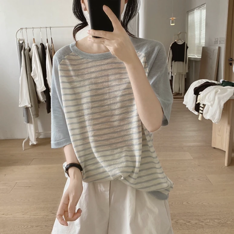 (孤品福利)条纹t恤女夏季新款宽松显瘦简约基础款圆领打底衫薄款