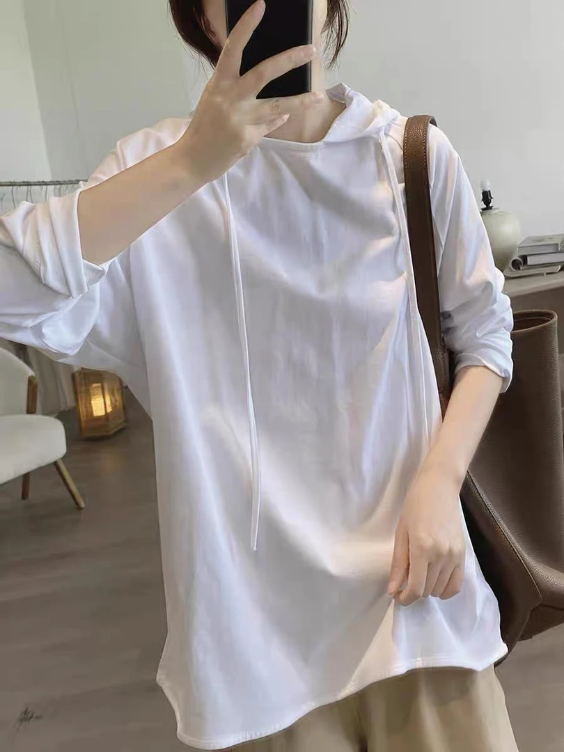 戴帽t恤女式春秋季新款宽松大码显瘦简约小众设计感减龄棉质上衣