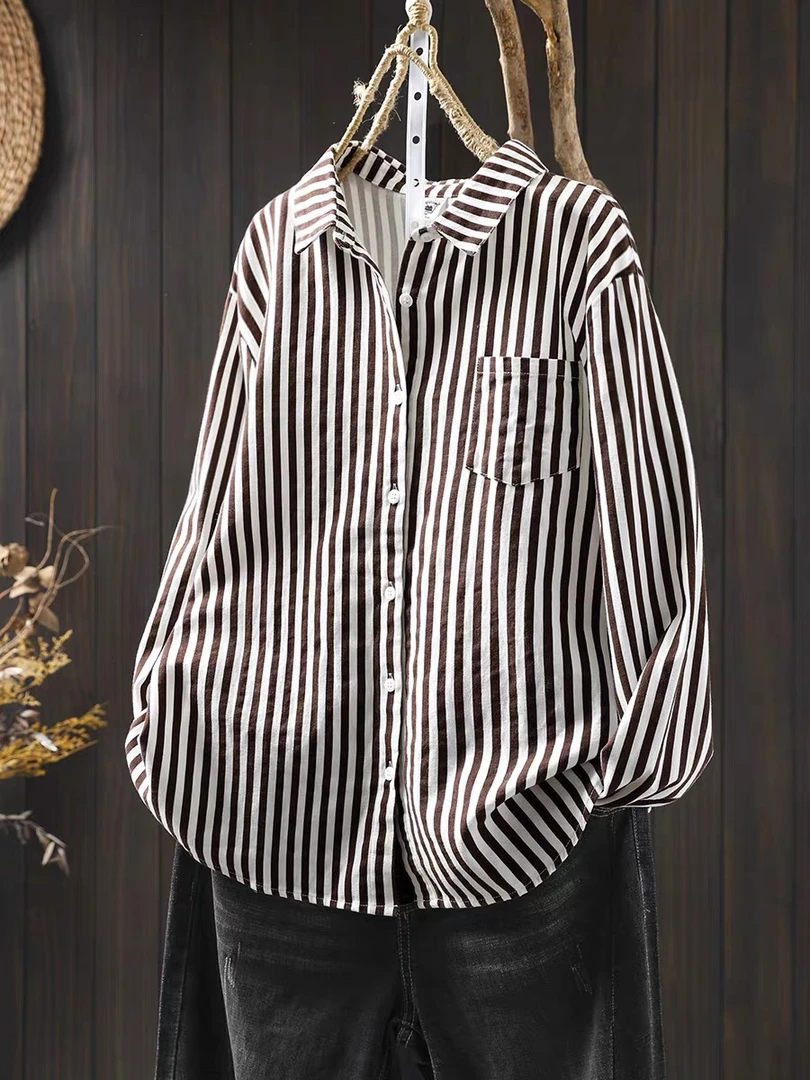 纯棉磨毛竖条纹衬衫女长袖宽松显瘦春秋装复古休闲翻领打底衬衣