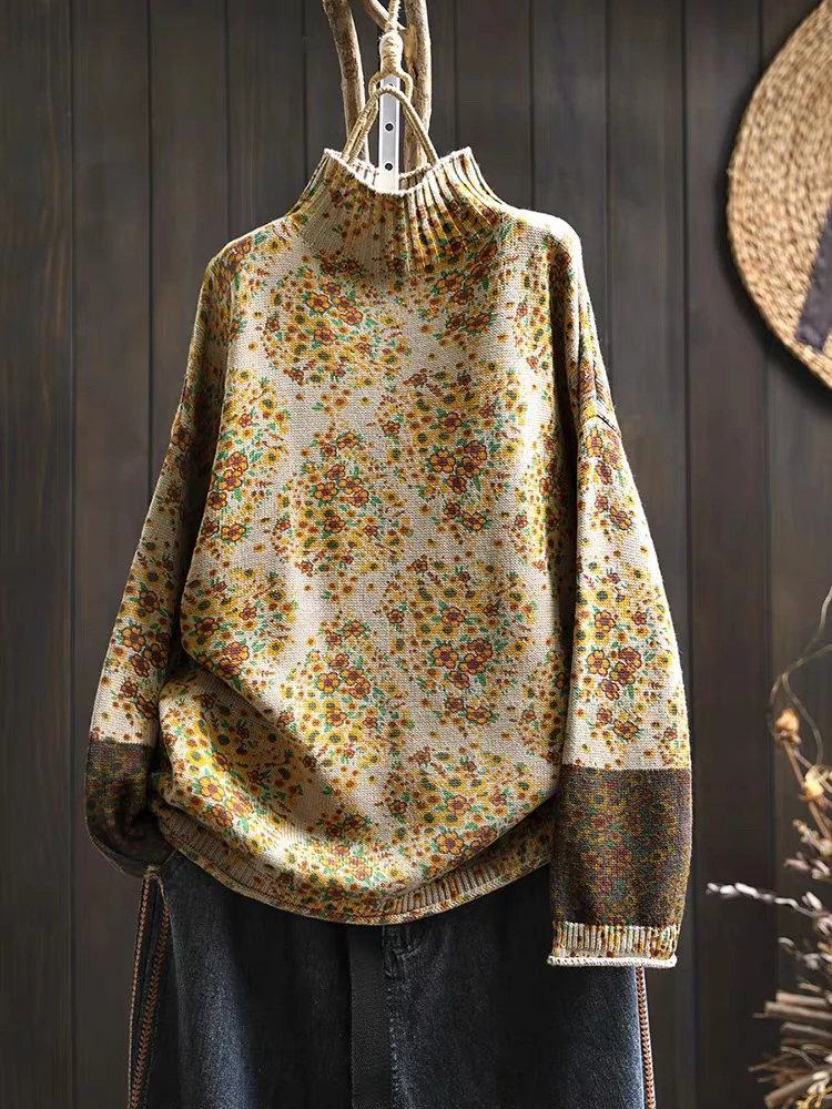 【原版正品】复古印花半高领棉线毛衣女宽松显瘦秋装袖口撞色不起球