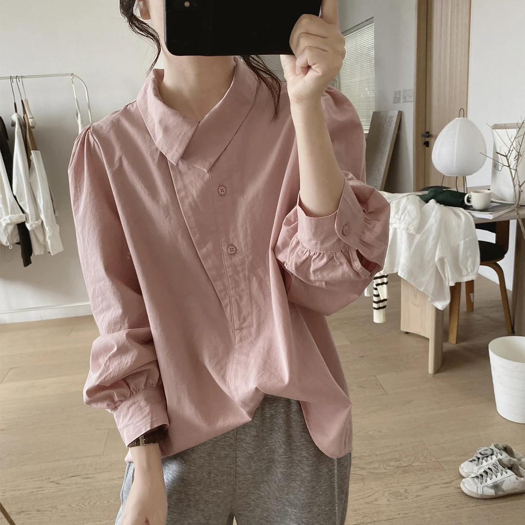 新品时尚休闲宽松不规则娃娃领衬衫宽松小众设计感泡泡袖棉质上衣