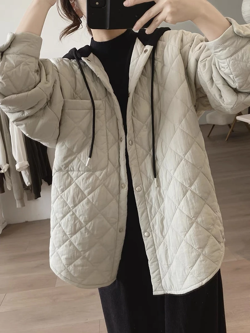 连帽外套女士秋冬季新款宽松显瘦韩版简约小众设计感夹棉减龄上衣