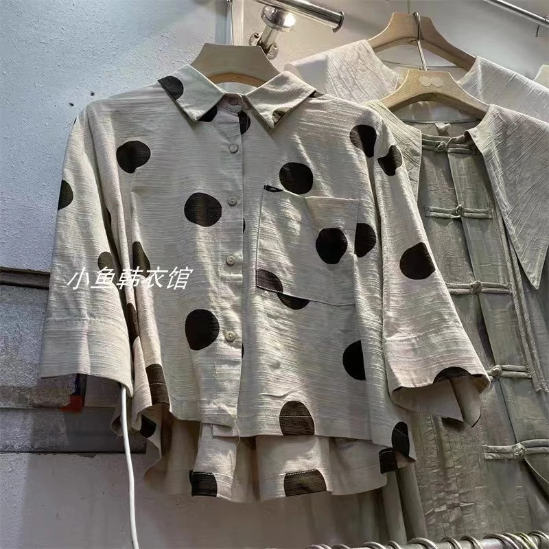 衬衫女上衣2024年新款夏季休闲宽松日系原宿风短款波点棉麻短袖