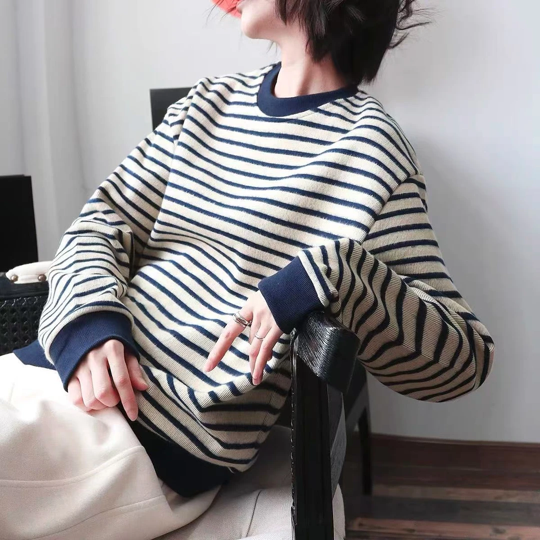 美式复古条纹慵懒风卫衣女早秋2024新款oversize设计感加绒上衣冬