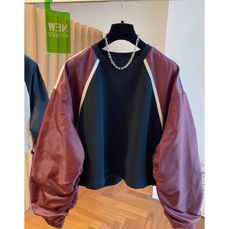 欧货撞色拼接卫衣女春秋2024新款高级感宽松套头短款美式棒球上衣