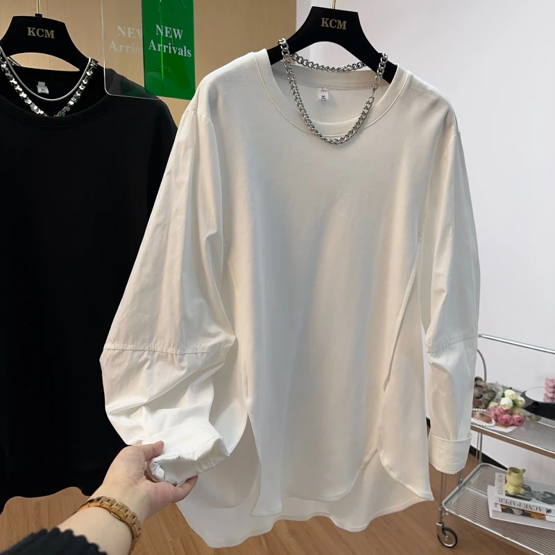 韩系设计感小众宽松拼接前短后长袖t恤女春季薄款圆领打底衫上衣