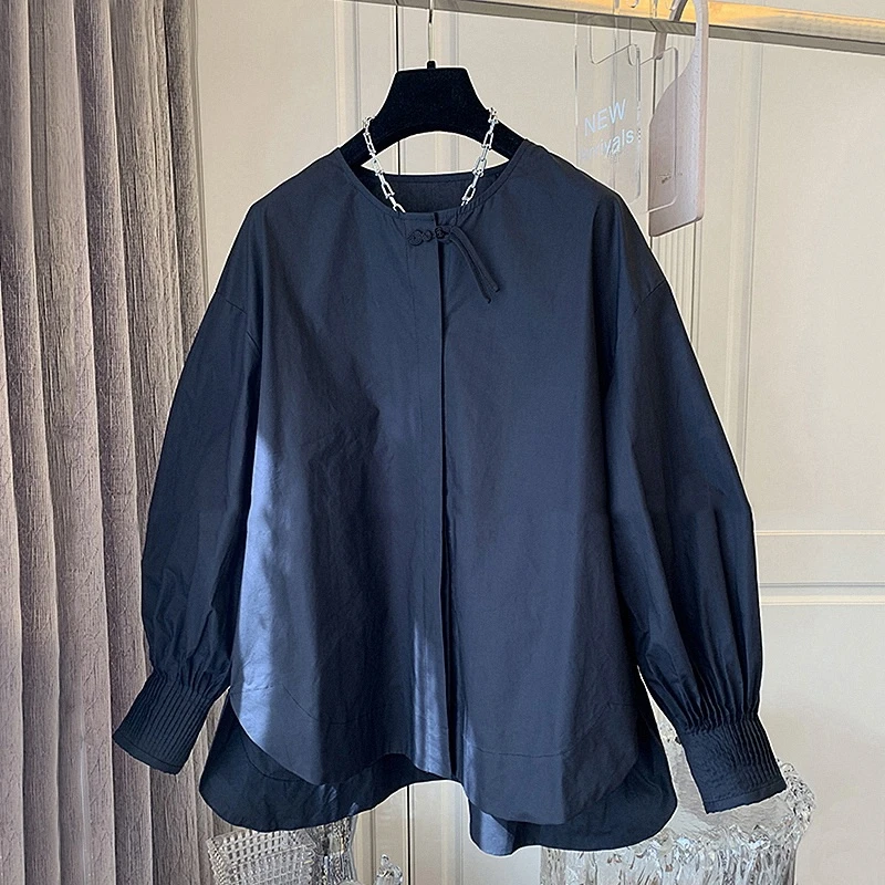 新中式国风复古盘扣流苏褶皱袖衬衫女宽松小众设计感长袖上衣春季