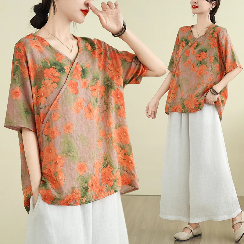 棉麻大码女装夏季轻薄宽松百搭休闲新中式不规则V领五分袖T恤上衣