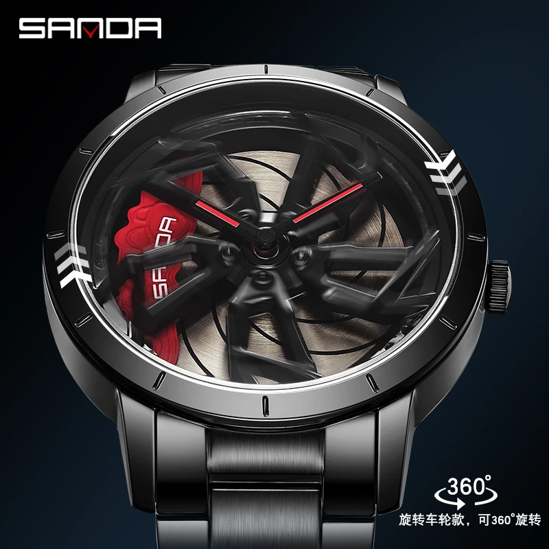 新款转旋机车轮毂手表男士立体镂空卡钳个性改装防水炫酷男款腕表