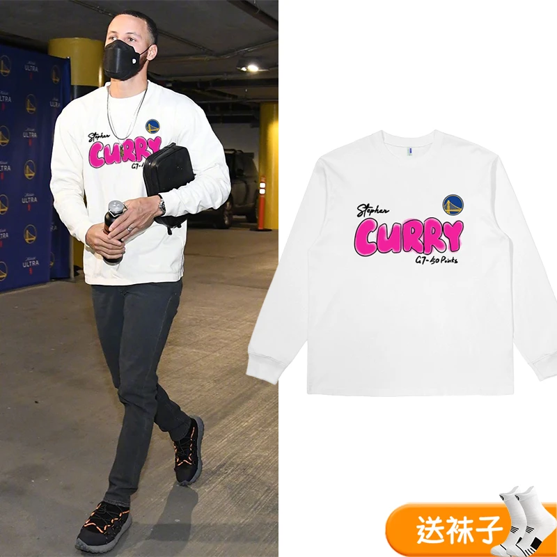 库里季后赛G7-50分纪念纯棉长袖260克重磅美式篮球运动T恤秋季男