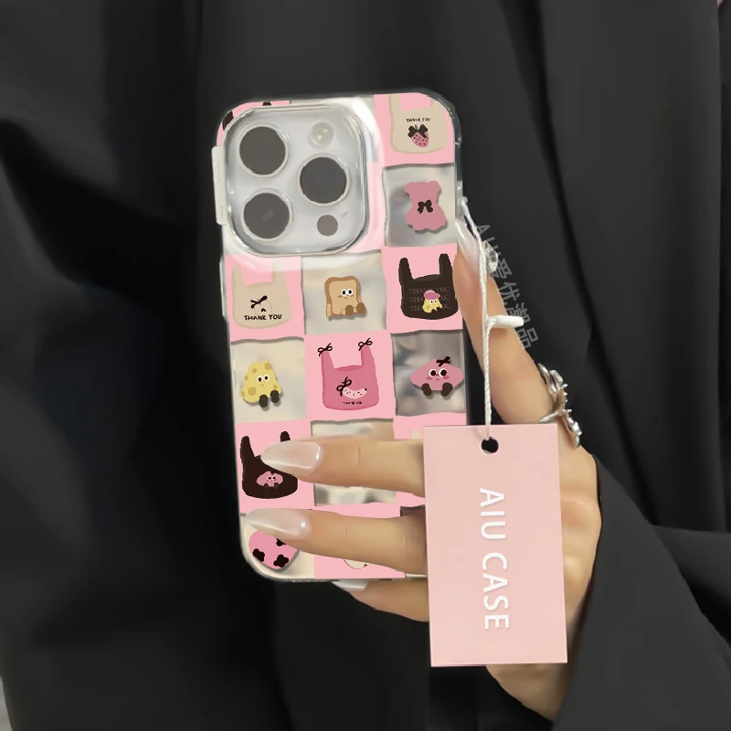 创意少女粉格子苹果15promax手机壳情侣iphone14/13/12皱褶纹11