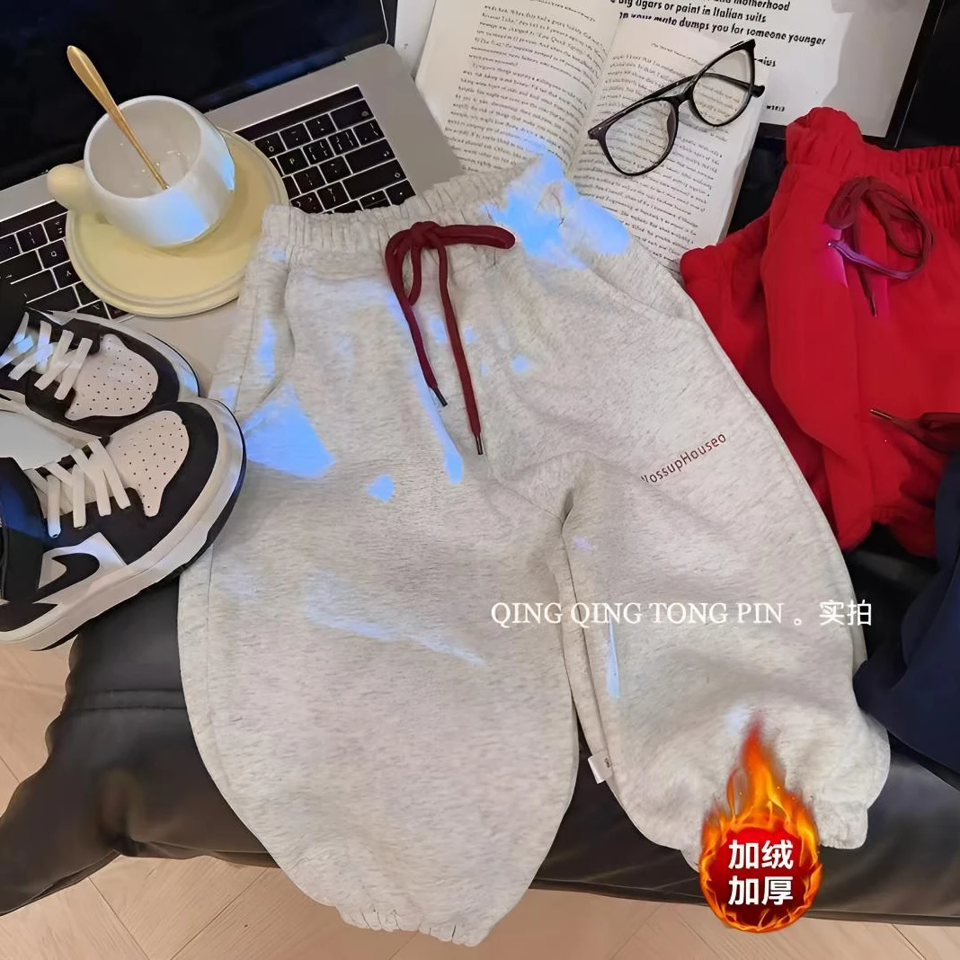 【网红加绒】2024秋冬休闲中小童宝宝韩版字母卫裤冬季加绒外穿潮流