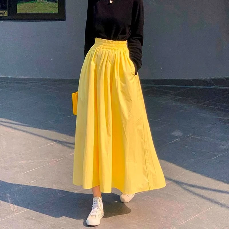 绝美黄色半身裙夏季新款高腰宽松显瘦温柔风伞裙女小个子气质百搭