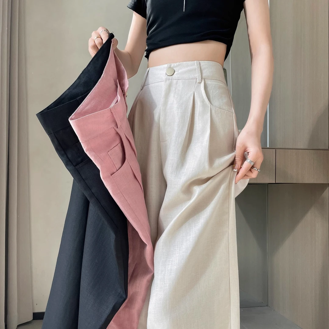 瘦版阔腿裤女夏季薄款小个子新款高腰垂感直筒休闲亚麻西装裤子