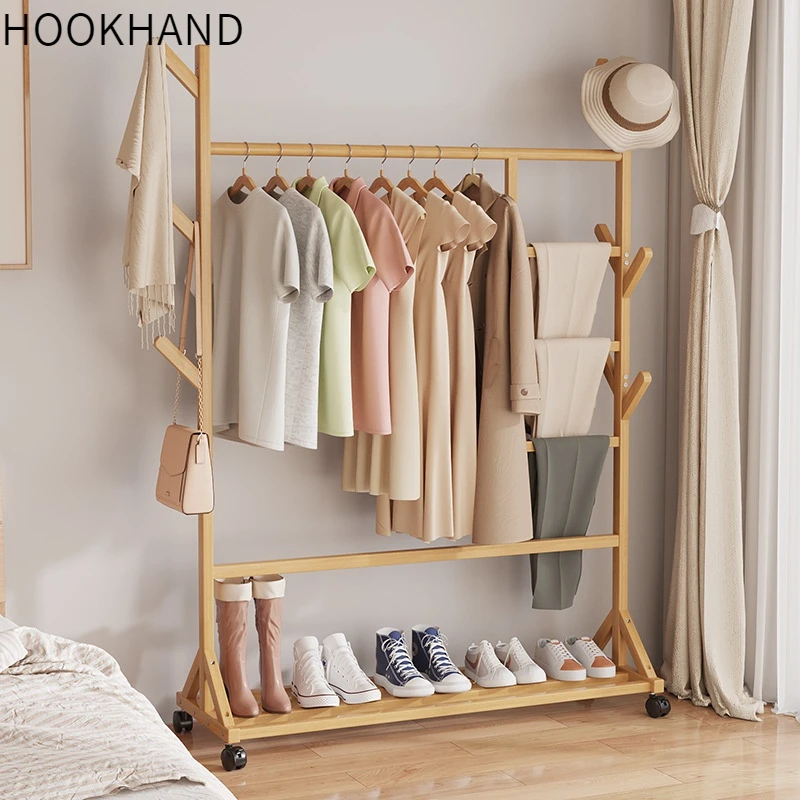 网红挂衣架落地主卧室实木质小型房间宿舍寝室凉衣服架子晾衣帽架