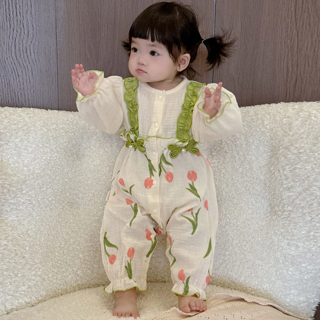 新生儿郁金香纱布棉爬服婴幼儿假两件连体衣女宝宝外出服Z1225