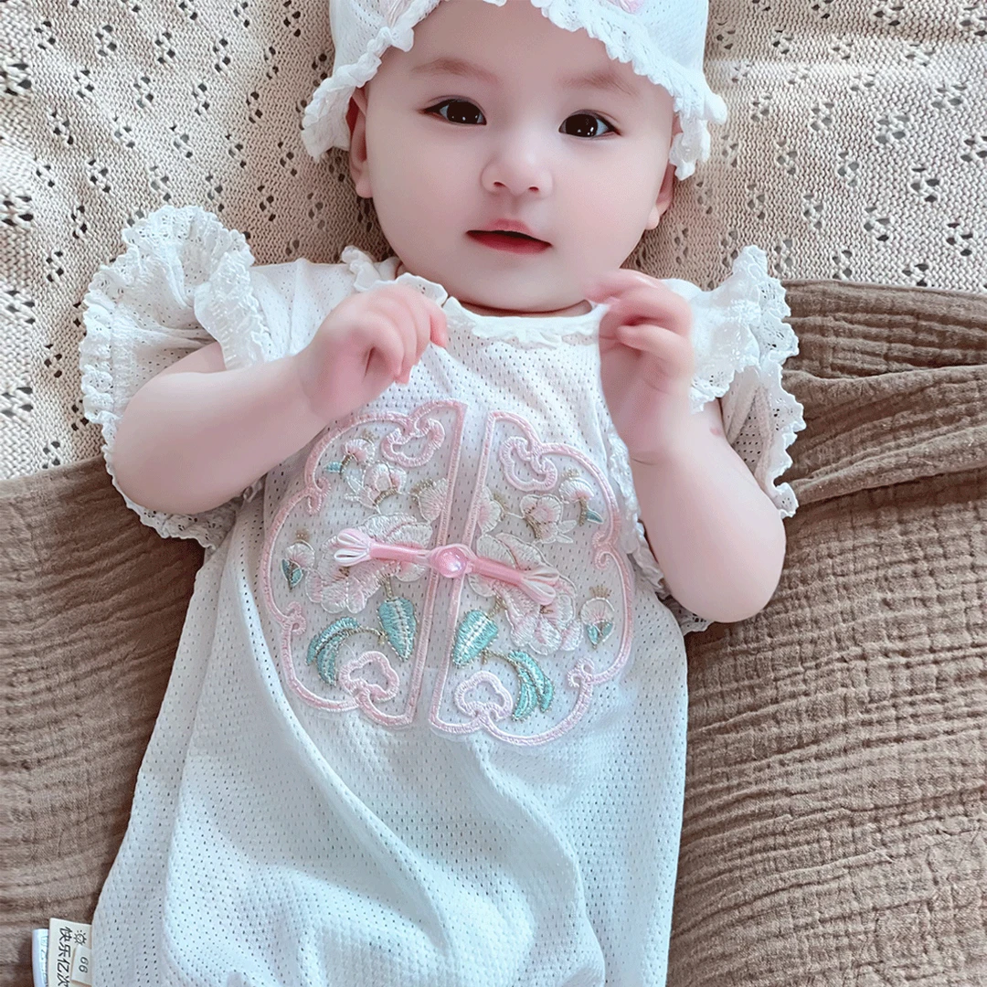 素雅新中式刺绣夏装婴儿夏季凉爽网眼棉连体衣宝宝百岁哈衣Z1208