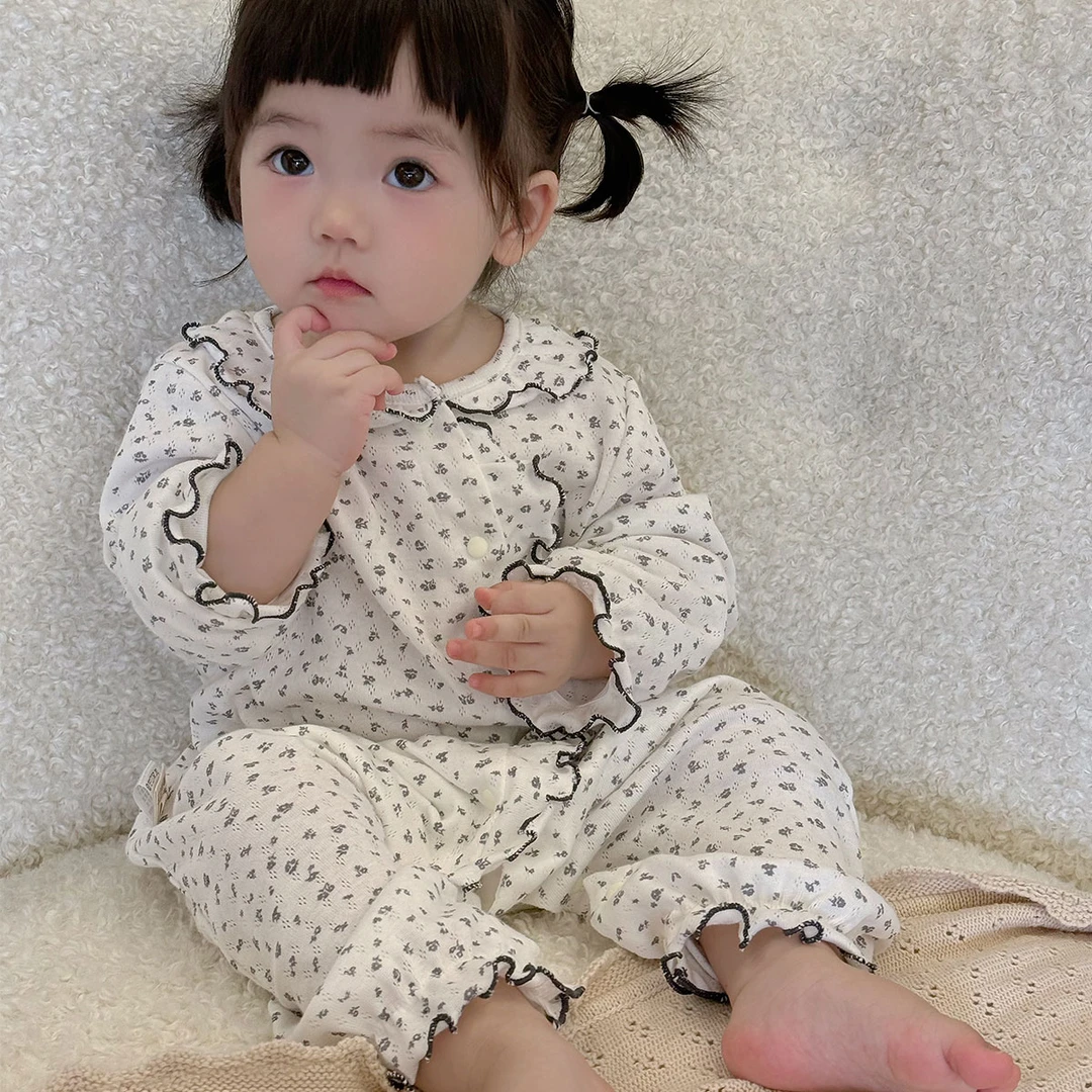 新生婴幼儿满印小碎花连体衣宝宝满月百日周岁清新长袖爬服Z1222