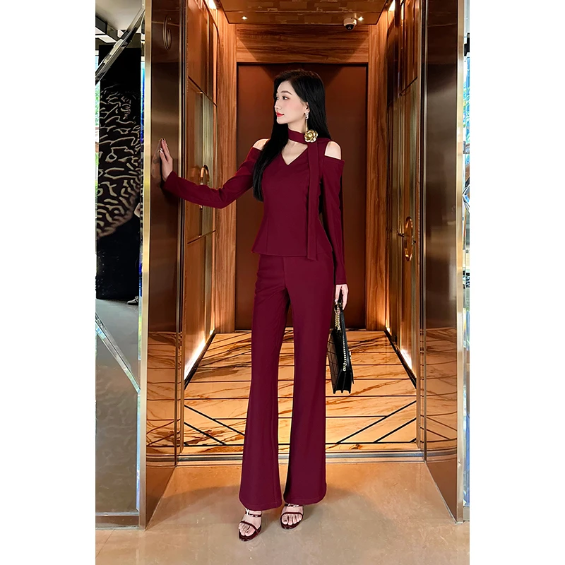 格润雅【爵梦巴黎】2025新款轻奢洋气修身上衣高腰微喇裤气质两件套
