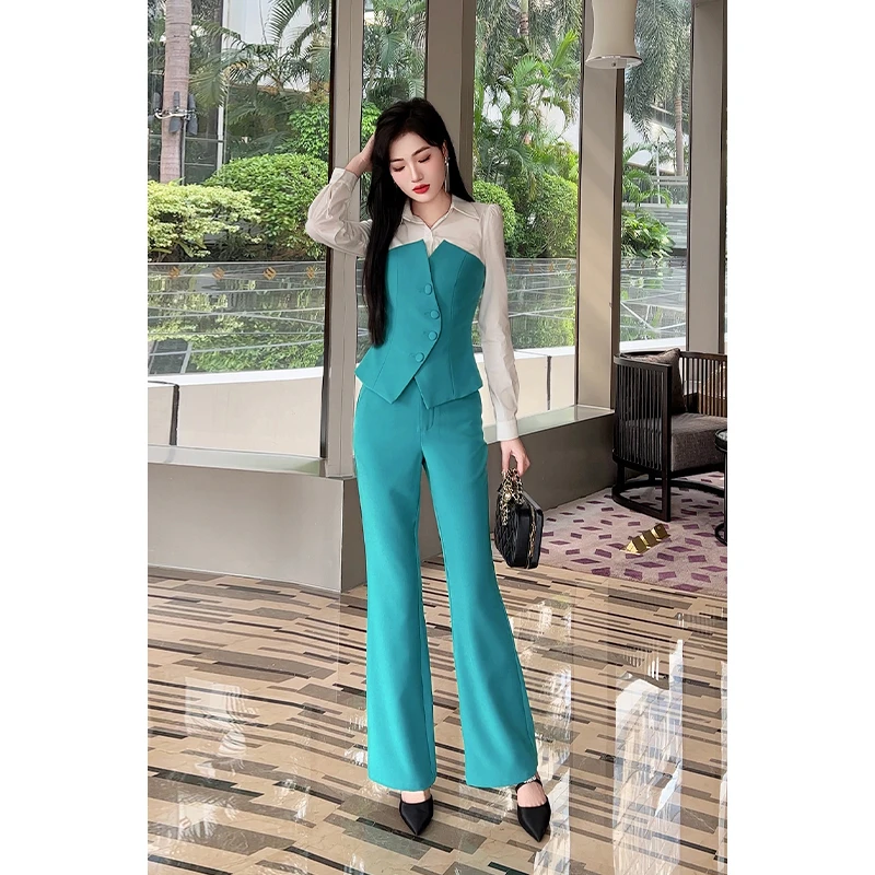 格润雅【高知感】2025年新款气质拼接衬衫高腰微喇裤设计感套装女