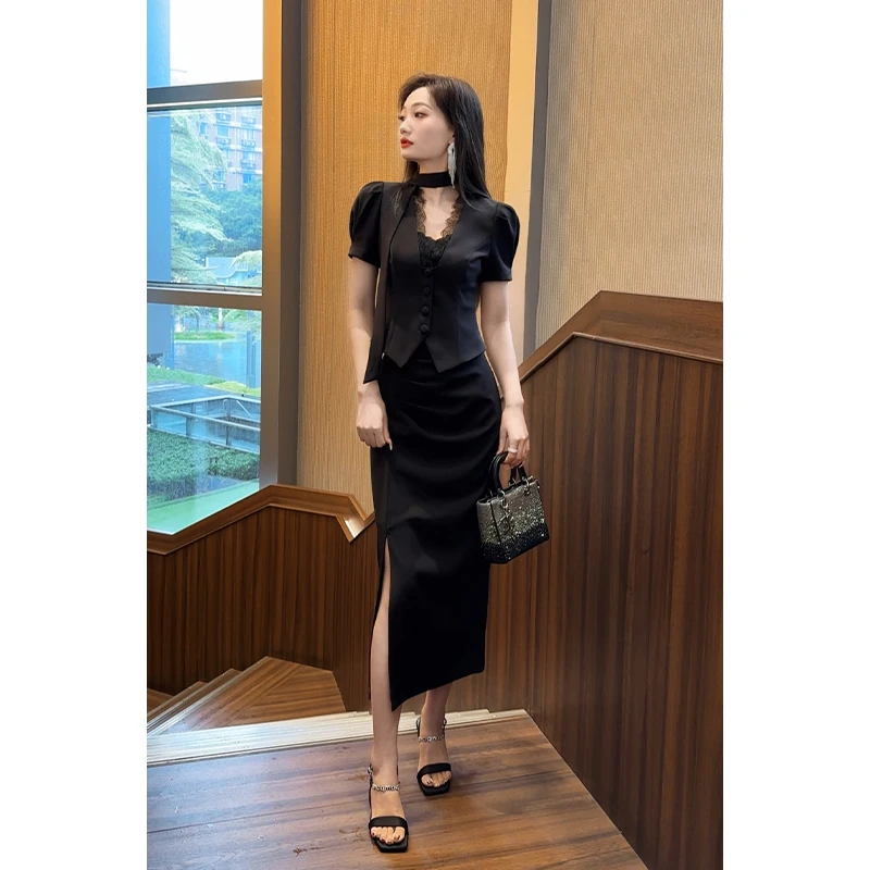 格润雅夏季套装女装2025新款蕾丝拼接上衣高腰开叉半身裙两件套