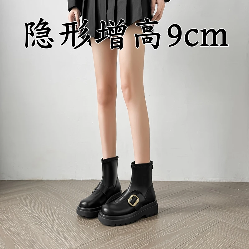 短靴靴子女马丁靴女英伦风短筒真皮圆头机车靴小个子黑色厚底增高
