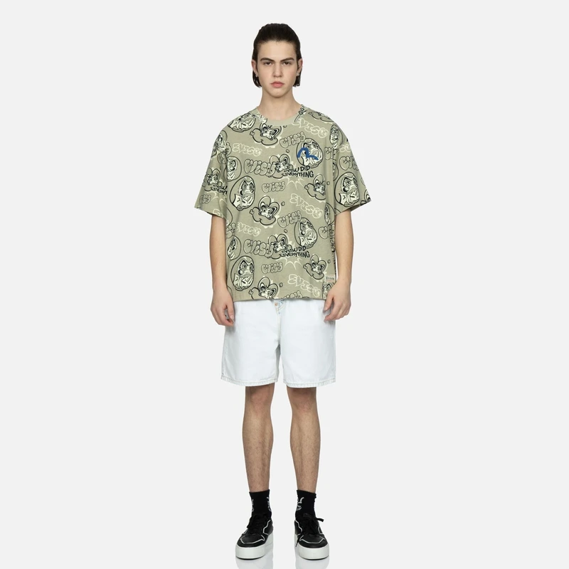 EVISU男士满地涂鸦达摩印花圆领短袖宽松T恤2ESHTM3TS519LFCT