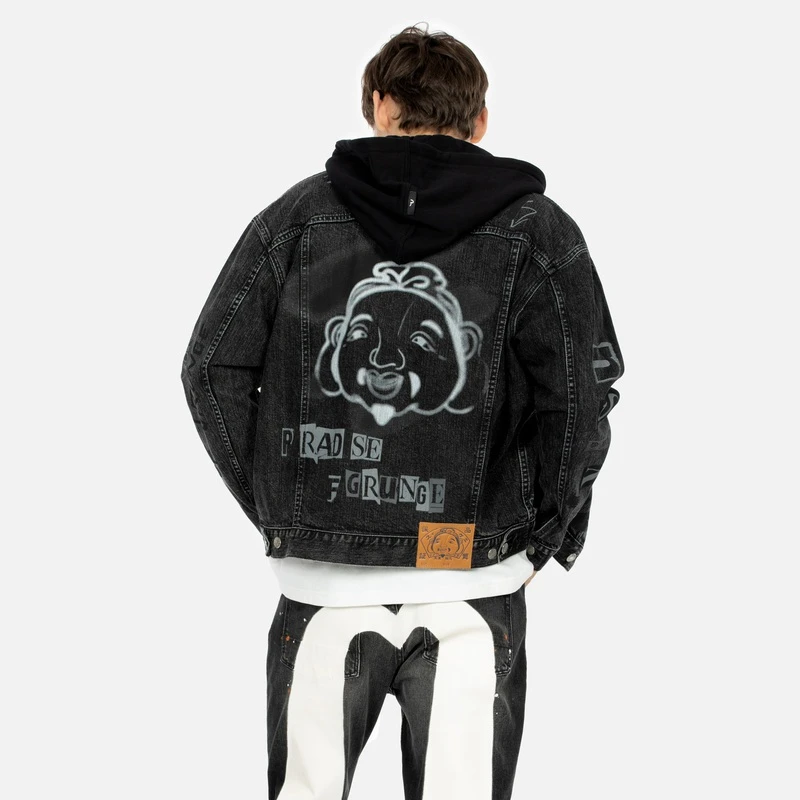 EVISU2023秋冬新款男士涂鸦佛头休闲流行连帽男女同款牛仔外套男