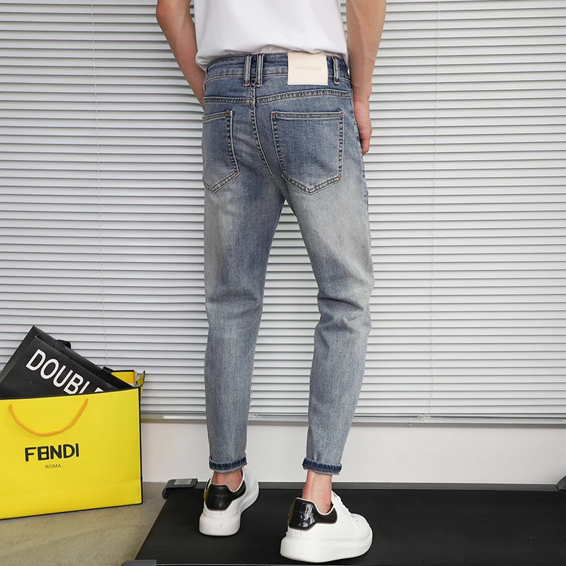 痞帅浅色九分牛仔裤男士潮牌百搭修身小脚9分裤韩版潮流夏季薄款