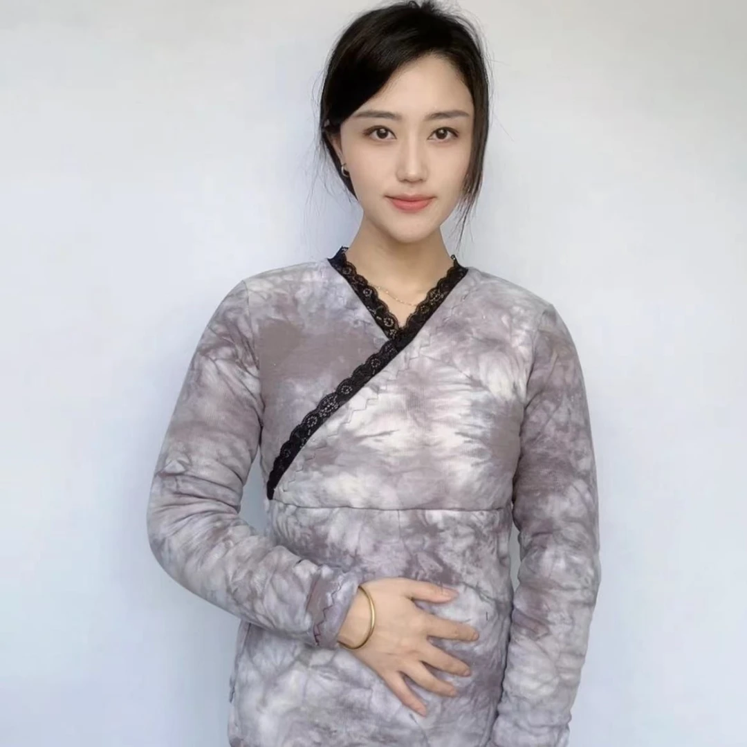 扎染灰色套头修身棉花棉袄