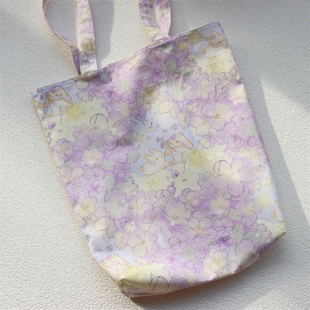 紫樱花兔 手作帆布包 兔子图案全棉大容量单肩包休闲购物袋