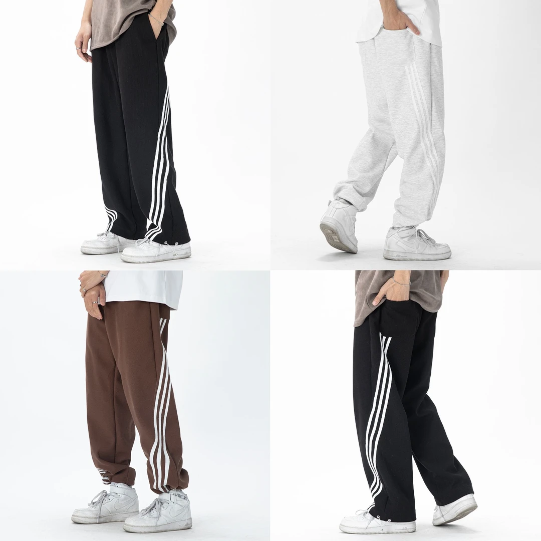 聪明陈 480克重磅条纹拼接直筒长裤男可束脚运动休闲裤