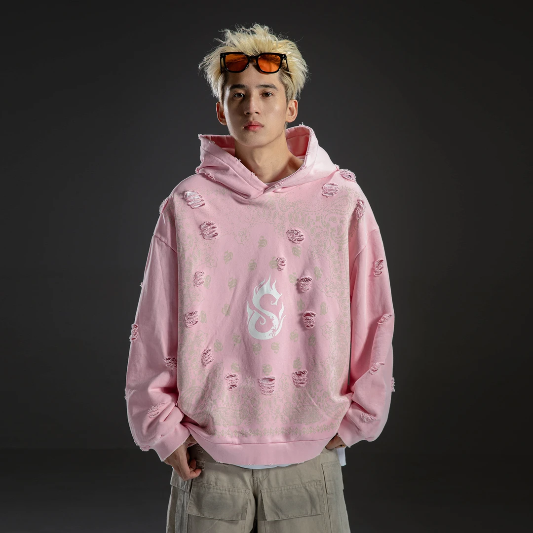 S123【敦煌破洞卫衣】个性都市重磅长袖破坏印花宽松情侣上衣