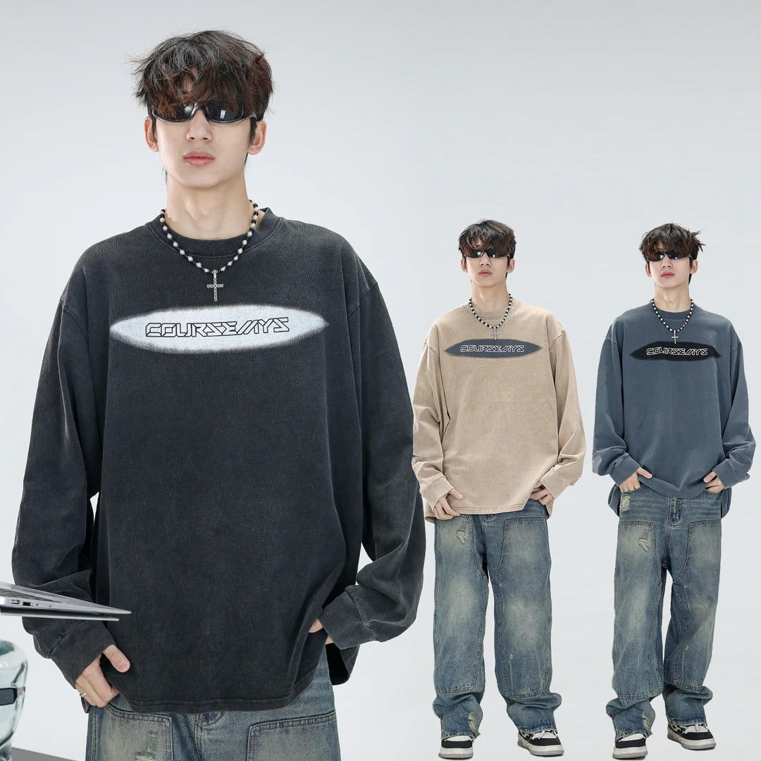 COURSEMYS聪明陈 320克双纱棉街头潮牌个性长袖T恤美式宽松情侣装