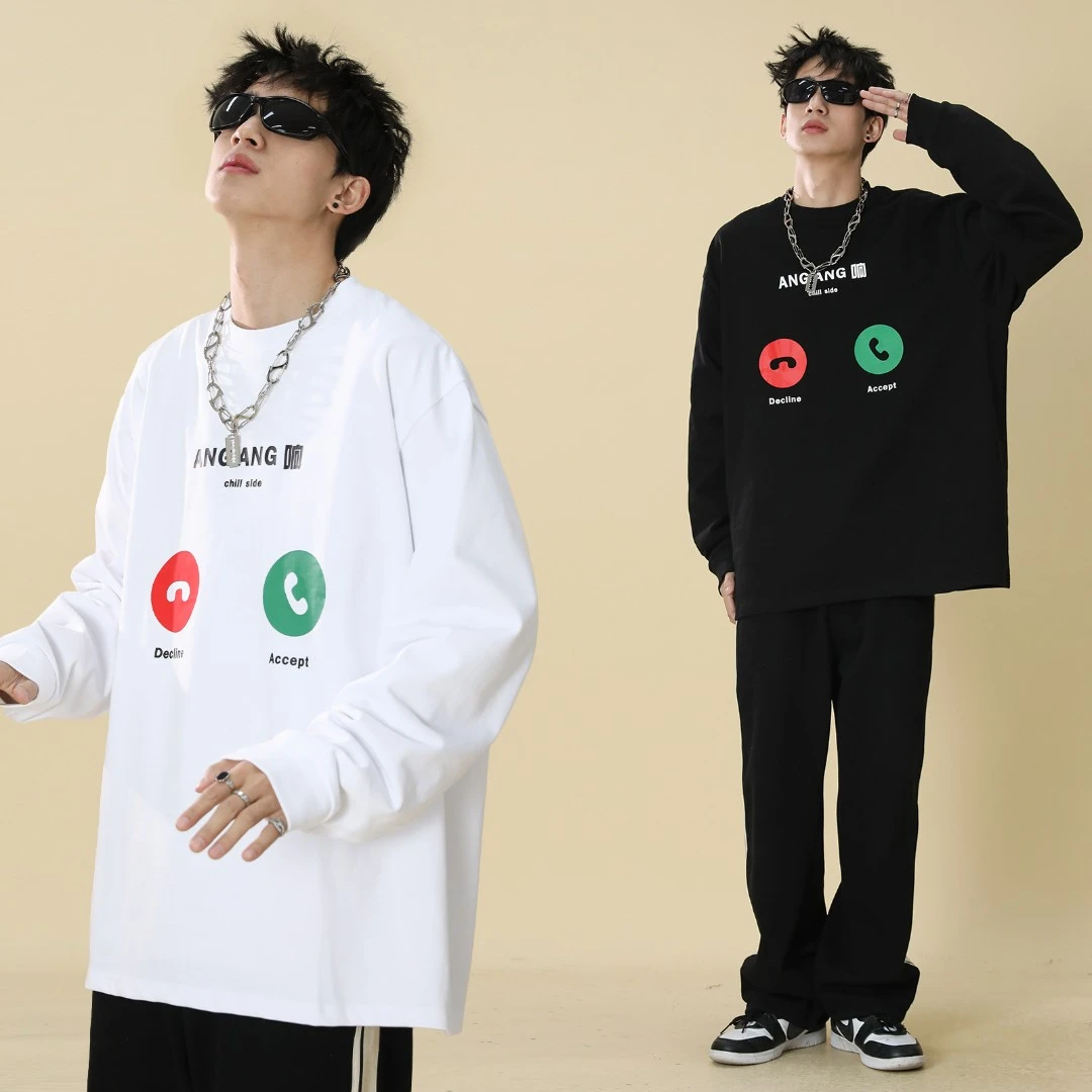 聪明陈 重磅趣味图案字母印花圆领长袖T恤打底衫男上衣